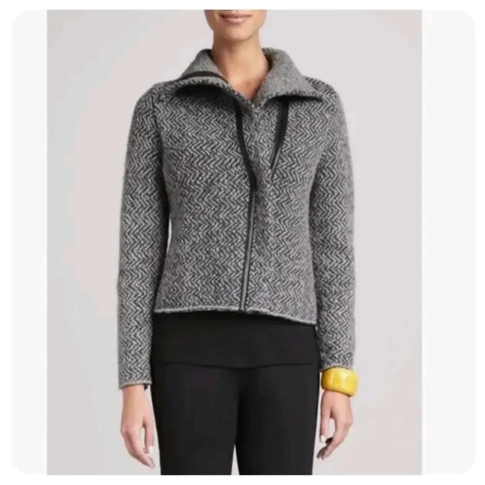 Eileen Fisher Organic Wool/Alpaca Tweed Short Coat w/Stand up Collar Grey Large